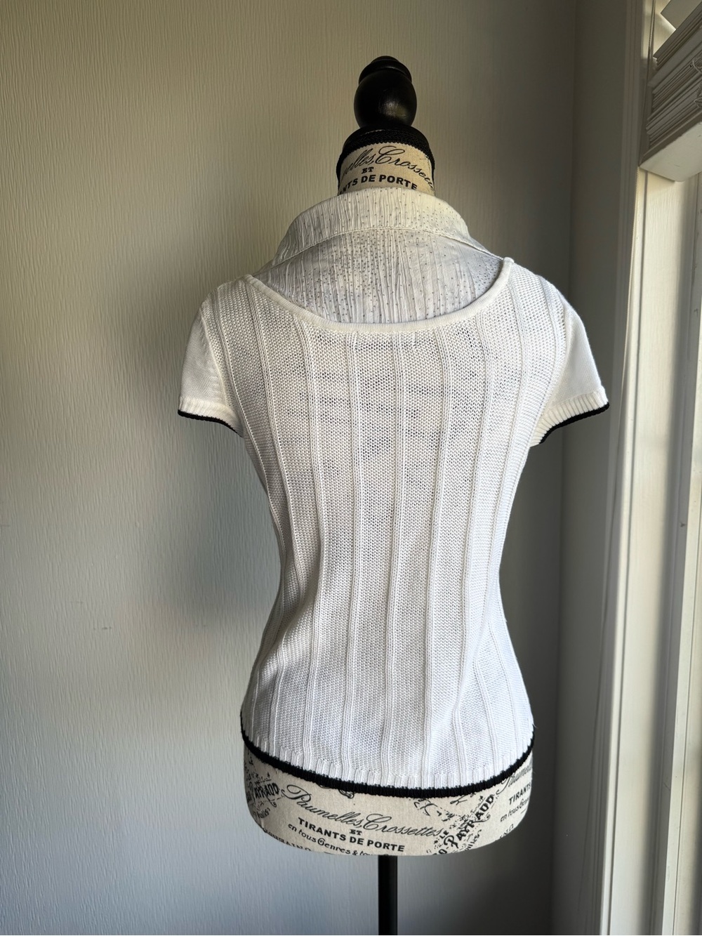 White Short-Sleeve Knit Button-Up Top with Ruffle Front - Picture 5 of 5